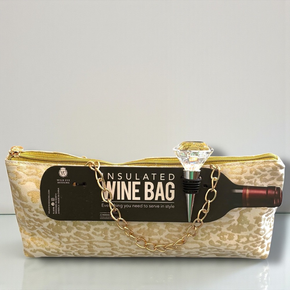 Wild Eye Designs Insulated Wine Bag Leopard Print Gold Chain Rhinestone Stopper - Picture 8 of 8
